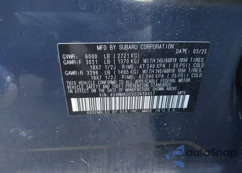 2025 Subaru Ascent Premium 7-Passenger z USA, uszkodzony, nr VIN 4S4WMADD9S3418457